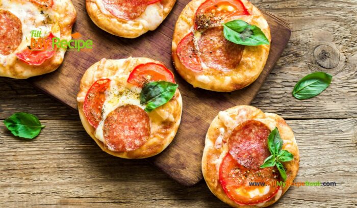 Fresh Mini Pizza Appetizer recipe idea. Easy healthy two ingredient pizza base with pepperoni and cheese for snacks on platters.