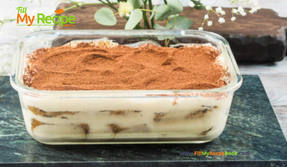 Easy Tasty No Bake Tiramisu Tart Recipe. Italian cuisine but similar to a South African fridge tart idea, a lady fingers coffee dessert.