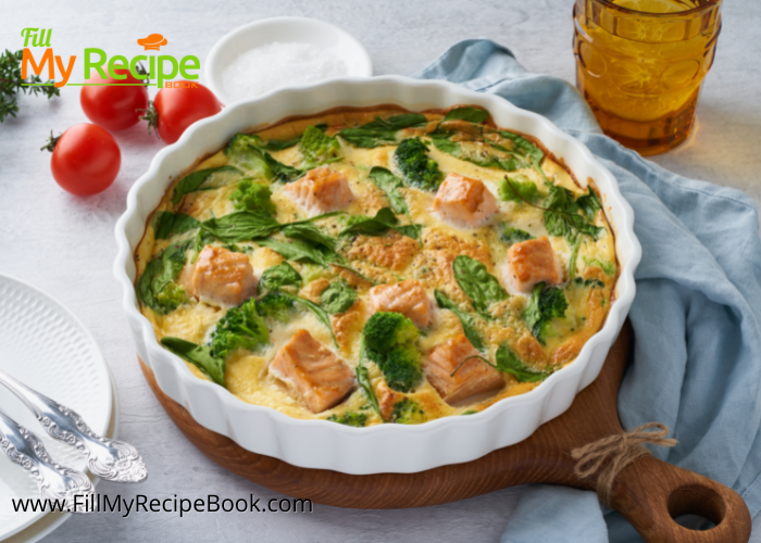 An easy gluten free Crustless Salmon and Spinach Quiche recipe. No crust or pastry and self crusting meal for breakfast, lunch or dinner.