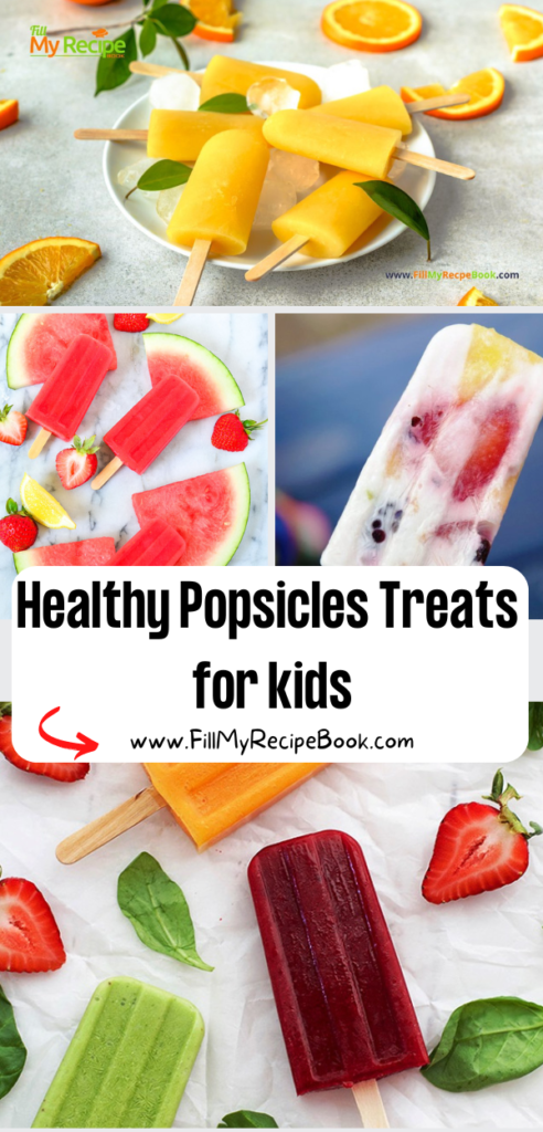 Healthy Popsicles Treats for kids recipe ideas for frozen snacks. Homemade fresh orange popsicles with yogurt fruit ice cream on a stick.