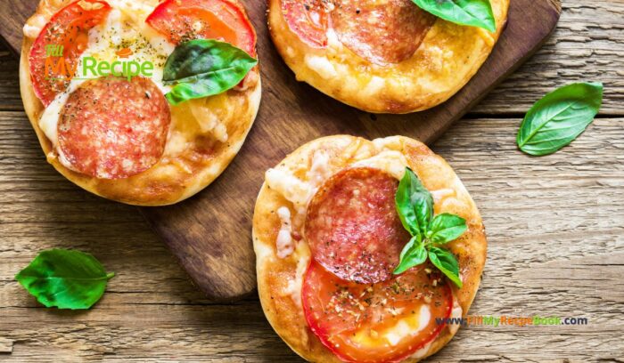 Fresh Mini Pizza Appetizer recipe idea. Easy healthy two ingredient pizza base with pepperoni and cheese for snacks on platters.