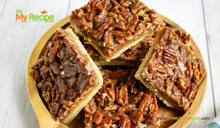 Easy Shortbread Pecan Bars recipe. A shortbread crust topped with pecan nuts, honey, cream and brown sugar for a healthy snack bar.