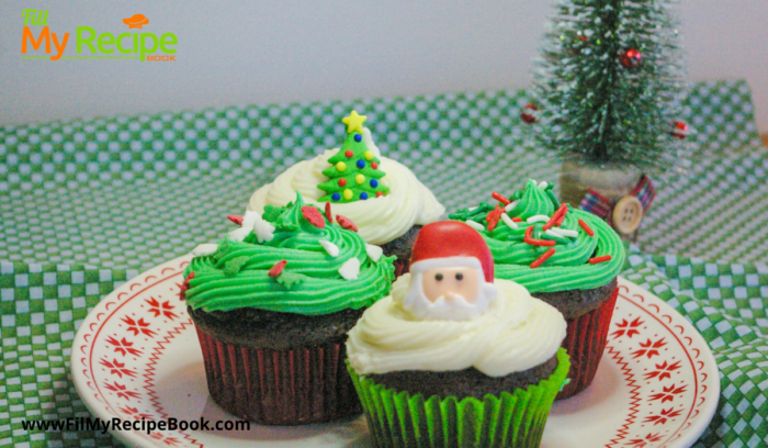 Decorated Christmas Chocolate Cupcakes with buttercream frosting and some Christmas colors included for your decoration.