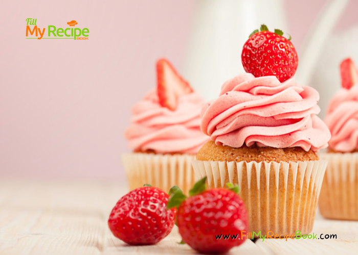 Strawberry Frosted Vanilla Cupcake Recipe. A plain vanilla cupcake with simple fresh strawberry icing idea with sprinkles for dessert.