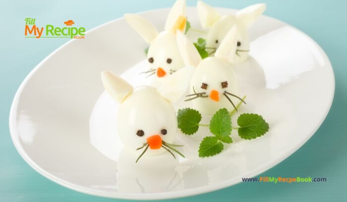 Easy easter boiled egg bunnies idea for breakfast recipe. A DIY healthy hard boiled egg for snacks or treats kids can decorate.