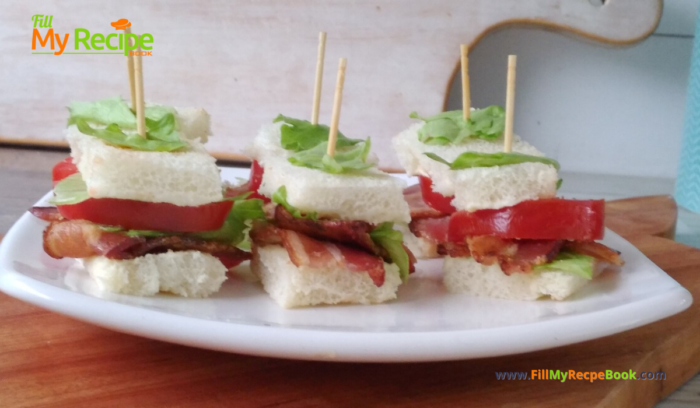 Great Mini BLT Toothpick Appetizers recipe idea for a party. Great finger food sandwich that are a one bite savory appetizer on toothpick skewers.