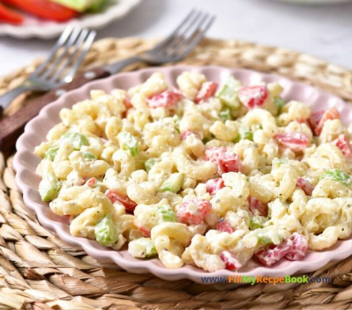 Easy Macaroni Salad Recipe idea for a cold side dish. Contains apple cider vinegar and mayo with sour cream, mustard. Quick and popular dish.