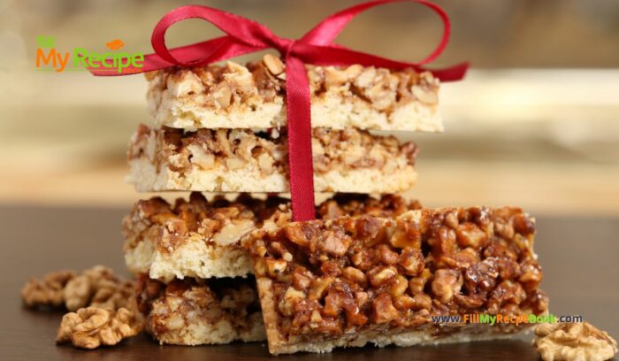 A Caramalized Walnut shortbread Bars recipe idea. Healthy and easy recipe bars for snacks or treats with nuts for a dessert.