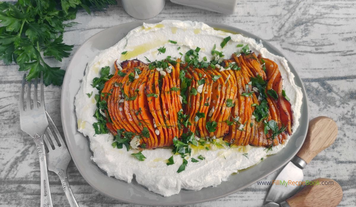 Roasted Hasselback Butternut Squash with cream cheese and garlic recipe. A delicious vegetable side dish for a family meal of lunch, dinner.