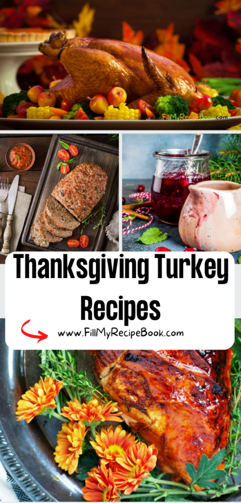 Thanksgiving Turkey Recipes ideas to create for dinner or lunch. Whole turkey as well as the stuffing and roasted breast, and a loaf.