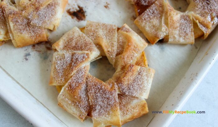 Apple Strudel Slices Recipe to have for a sweet dessert. Simple homemade from scratch idea with wrapped phyllo dough on apple rounds, snack.