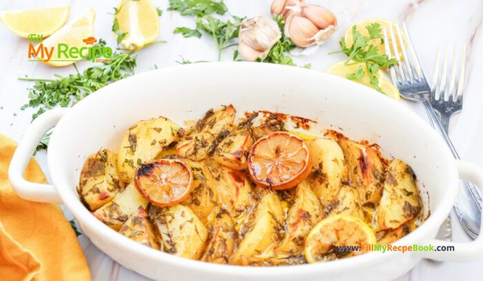 Easy Lemon Greek Potatoes Recipe for an oven bake idea. Homemade potato wedges with vegetable broth, garlic for a warm side dish for meals.