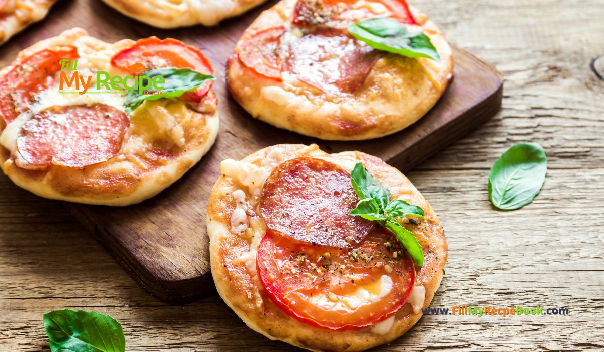 Fresh Mini Pizza Appetizer recipe idea. Easy healthy two ingredient pizza base with pepperoni and cheese for snacks on platters.