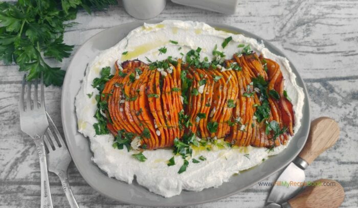 Roasted Hasselback Butternut Squash with cream cheese and garlic recipe. A delicious vegetable side dish for a family meal of lunch, dinner.