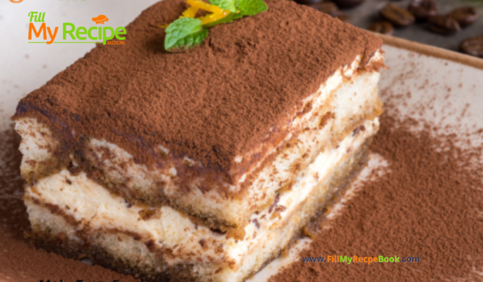 Easy Tasty No Bake Tiramisu Tart Recipe. Italian cuisine but similar to a South African fridge tart idea, a lady fingers coffee dessert.