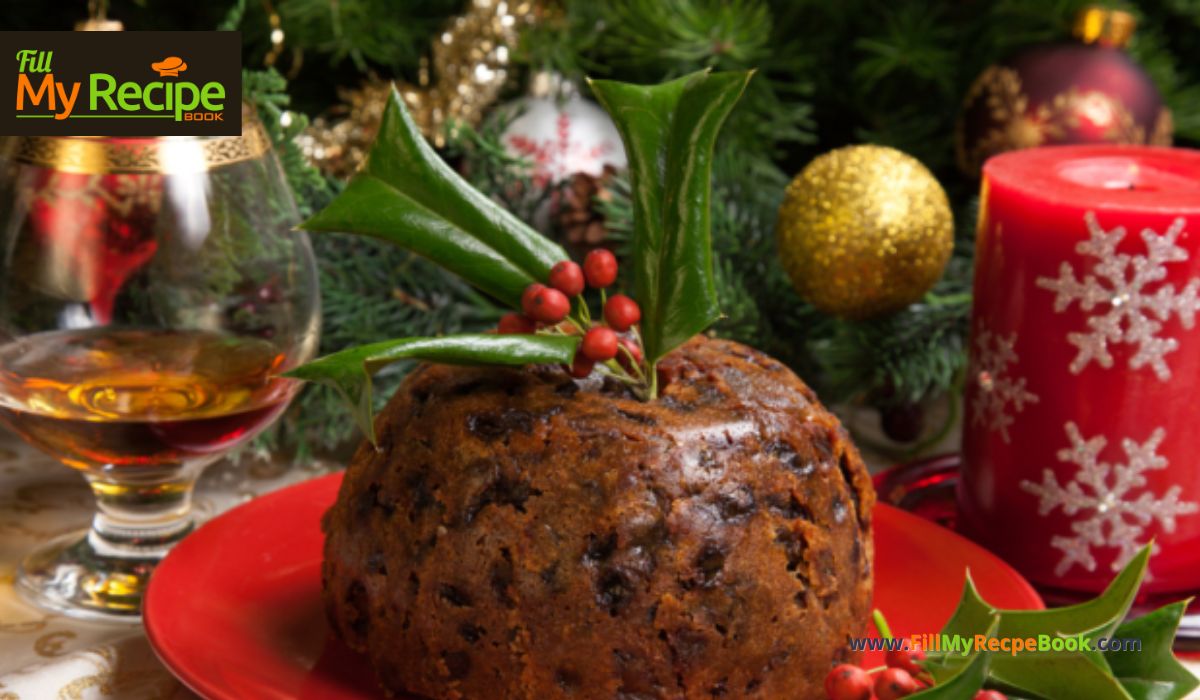 Traditional Christmas Pudding Recipe to create. A delicious steamed fruit dessert with brand, treacle and spices in a bowl, serve with sauce.