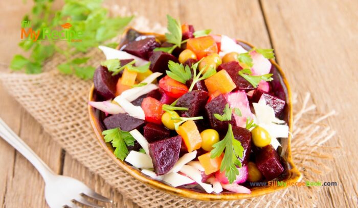 Tasty Beetroot Salad Recipe idea for a side dish. Healthy dressing with honey mustard and bite size veggies to plate with meals or grills.