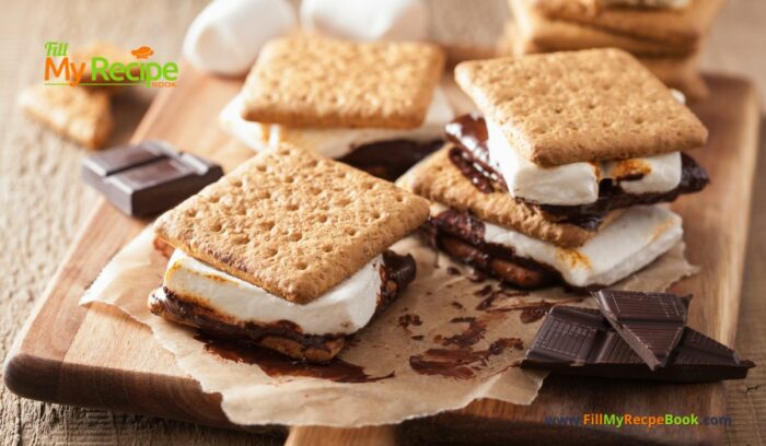 Homemade Marshmallow s’mores with Chocolate and crackers recipe idea. Melted marshmallows on the open fire while camping in spring or summer.