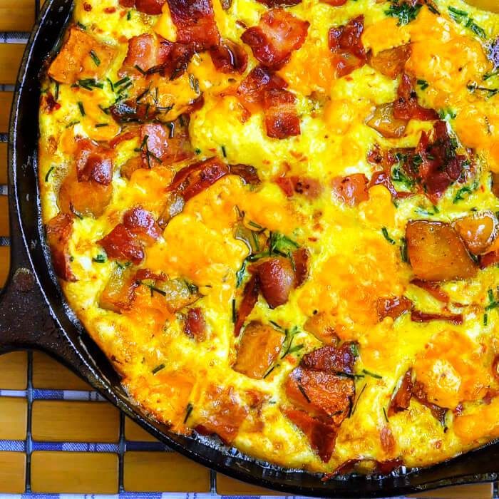 Potato Bacon Cheddar Frittata. This delicious frittata is an ideal, easy brunch idea. This recipe uses potatoes but leftover cooked pasta works too.