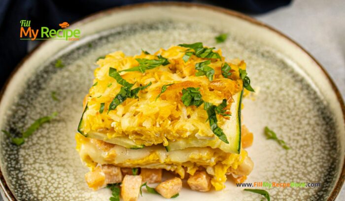 Breakfast Sausage Lasagna Recipe. A healthy family oven baked dish for a holiday brunch, with zucchini and scrambled egg and chicken.