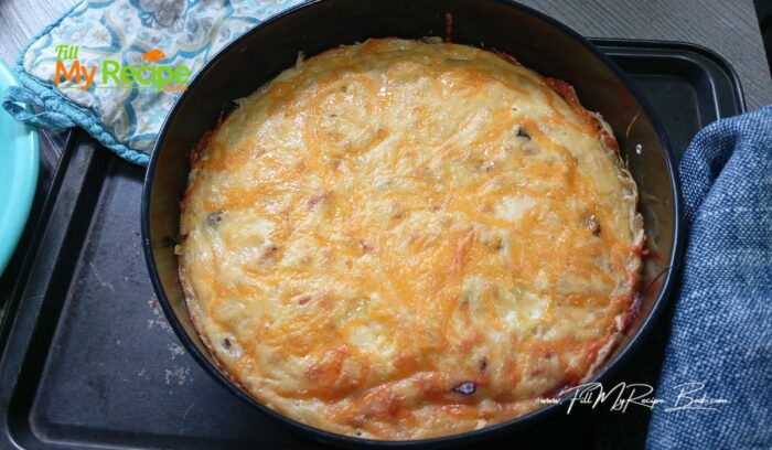 Hash Brown Bacon Mushroom Quiche and onion recipe for breakfast or brunch. An easy recipe to make with a potato crust, rather than pastry.