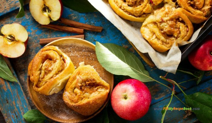 Homemade Apple Cinnamon Rolls recipe with white glazing. Easy dessert filled with sliced sweet apple, and brown sugar for a breakfast snack.