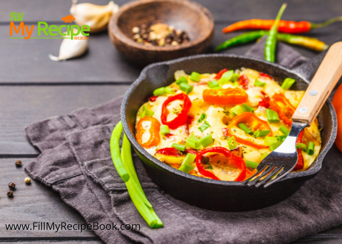 One Pan Bell Peppers Omelet recipe idea. Vegetarian friendly for a meal or breakfast. Sautéed bell peppers and parmesan cheese.