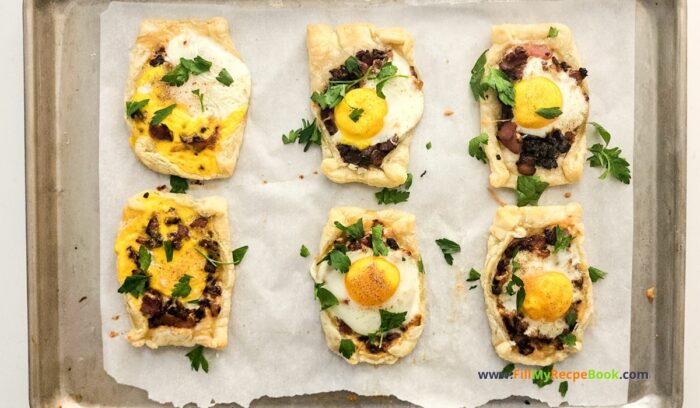 Quick Bacon and Egg Galettes recipe idea that is so easy to bake for breakfast, light supper. Fried Onion and cheese filling on puff pastry.