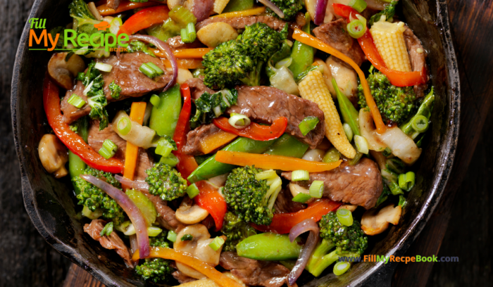 Summer Beef Strips Stir Fry recipe. An easy and quick healthy warm meal for lunch or dinner for a family with vegetables and steak and sauce.