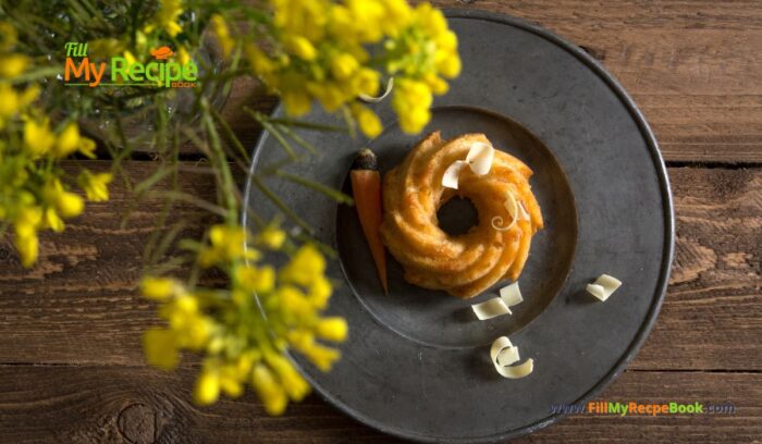 Mini Carrot Cake with White Chocolate recipe idea. A mini Bundt shape bite for a fine dining dessert, topped with shaved white chocolate.