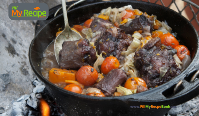 A Tasty Oxtail Potjie Recipe idea for the best easy South African one pot meal for a family on coals on an open fire for lunch or dinner.