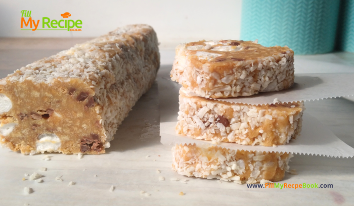 Marshmallow Fridge Cake Biscuits recipe idea for a dessert. A No Bake stove top recipe with biscuit and condensed milk, coconut coated.