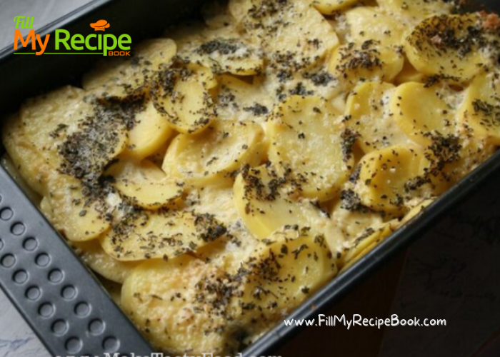 Creamy Garlic Potato Casserole recipe. Best easy 3 ingredient warm side dish idea for a braai, dinner or lunch, oven baked budget meal.