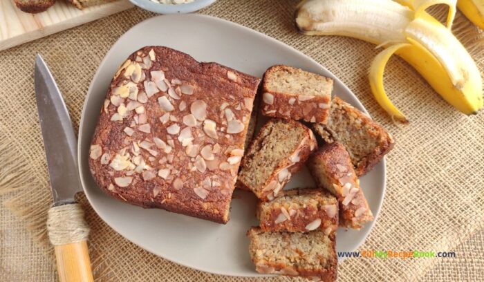 Healthy Almond Flour Banana Bread recipe idea. A great oven bake with natural sweeteners and coconut oil for gluten free diets