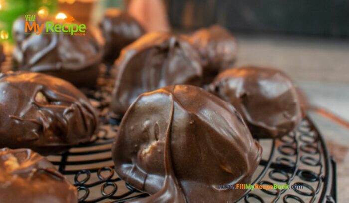 Chocolate and Peanut Butter Balls recipe. A no bake protein energy snack with peanut butter, mixed graham crackers covered in dark chocolate.