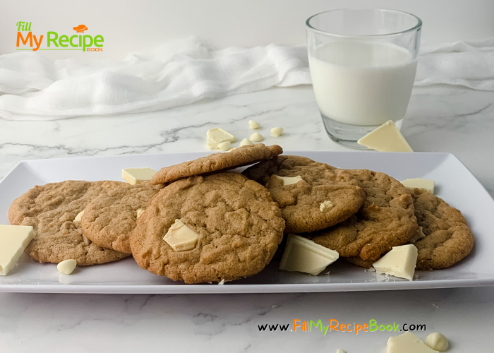 Almond Butter Cookies and White Chocolate recipe idea. Healthy cookies or biscuit to bake with white chocolate for a snack for family.