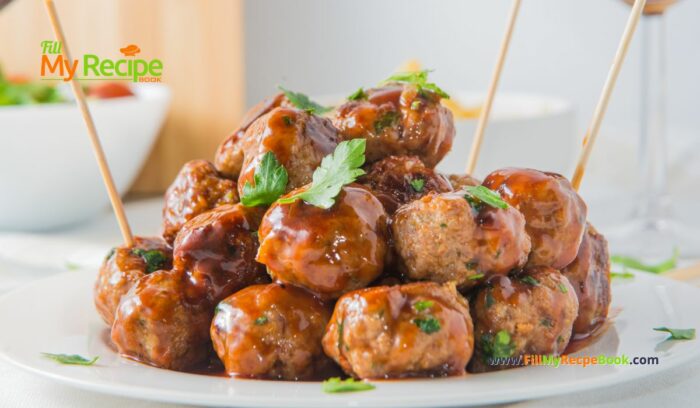 Sweet and Spicy Cocktail Meatballs recipe idea made from scratch. Mini beef appetizers oven baked with honey and barbecue sauce on a stick.