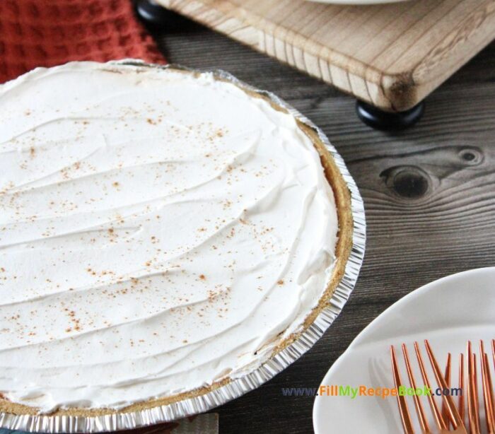 Easy No Bake Pumpkin Cheesecake tart recipe idea. Makes two with biscuit or cookie base for a thanksgiving dessert pie for family to enjoy.   