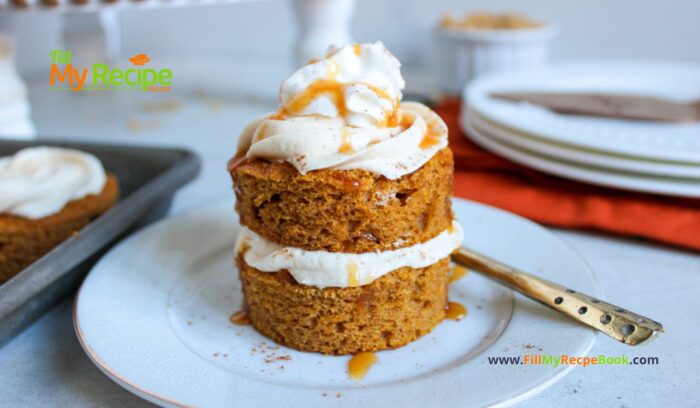 Bake this Mini Frosted Pumpkin Cakes recipe idea. Tasty moist pumpkin spiced, small cakes decorated with caramel buttercream, for dessert.