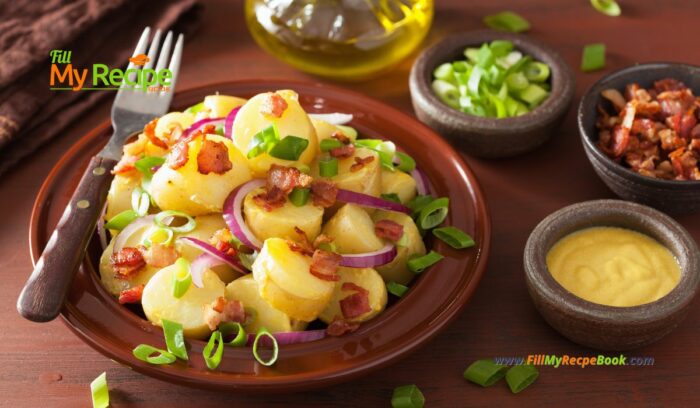 A warm Potato Salad Bacon Bits and Vinaigrette recipe idea. Easy, no egg, no mayonnaise with a flavorful mustard, maple syrup, dressing.