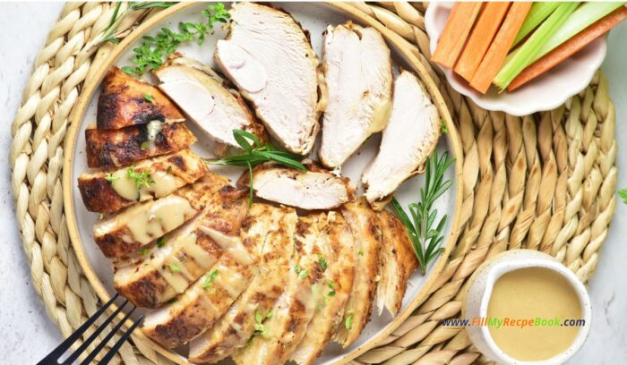 Grab this easy moist tender Roasted Turkey Breast Recipe with a marinade idea for Thanksgiving or any meal, for lunch or dinner with sides.