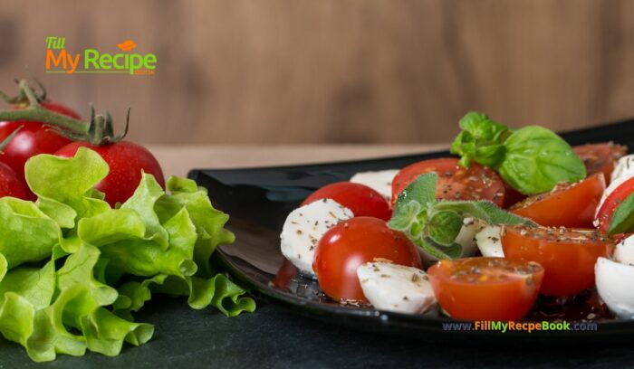 Cherry Tomato Caprese Salad with glazed balsamic vinegar recipe. Easy tasty side dish with mozzarella balls, fresh basil leaves and spices. 