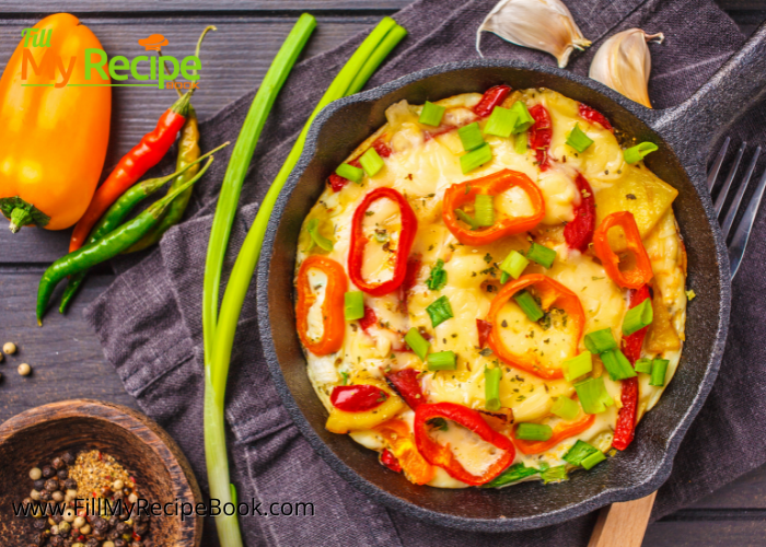 One Pan Bell Peppers Omelet recipe idea. Vegetarian friendly for a meal or breakfast. Sautéed bell peppers and parmesan cheese.