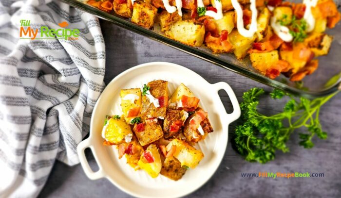 Potato with Bacon cheese Dish recipe to create for a lunch or dinner. Homemade side dish, oven baked meal for families, large gatherings.