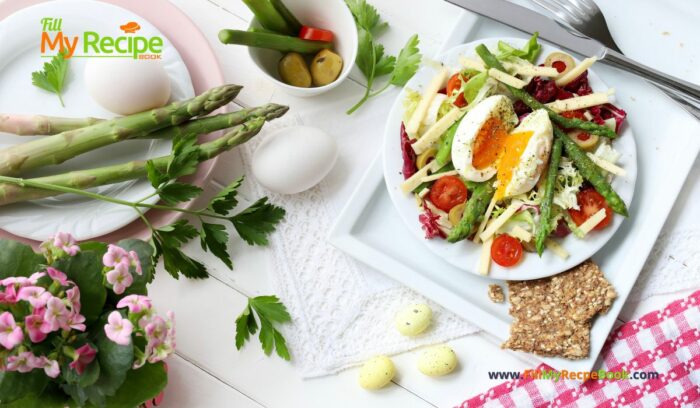 Holiday Spring Breakfast Salad recipe idea. A healthy easy bowl of salad for brunch with egg and sautéed asparagus with a dressing. For special occasions. Easter or valentines day.