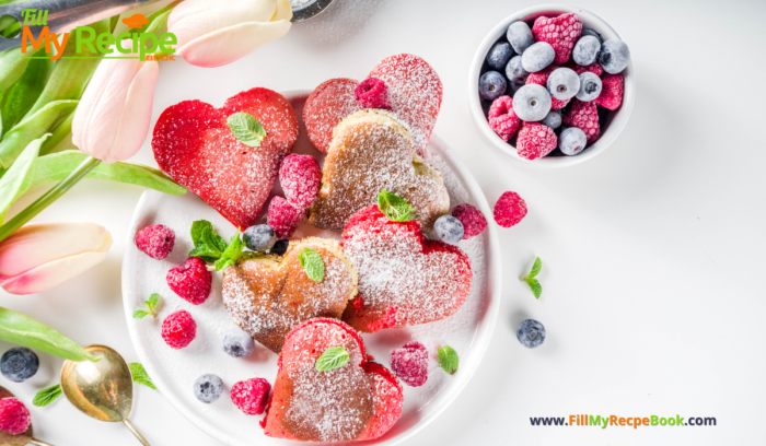 Mini Heart Pancakes with Berries recipe idea. Cook this easy Pink breakfast or snack for Valentines or other special days with fruit.