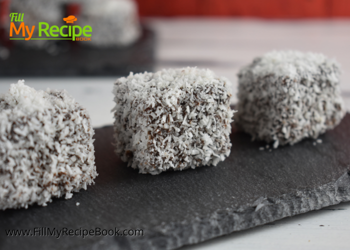 The Best Mini Chocolate Coated Lamingtons recipe for a fine dining dessert. A chocolate sauce recipe to dip them in and coat with coconut.