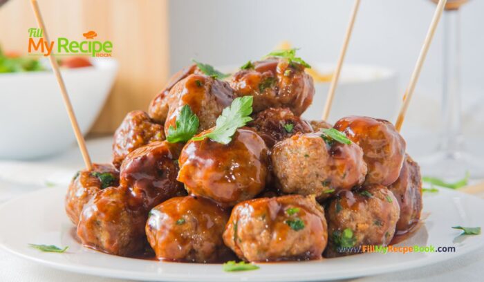 Sweet and Spicy Cocktail Meatballs recipe idea made from scratch. Mini beef appetizers oven baked with honey and barbecue sauce on a stick.