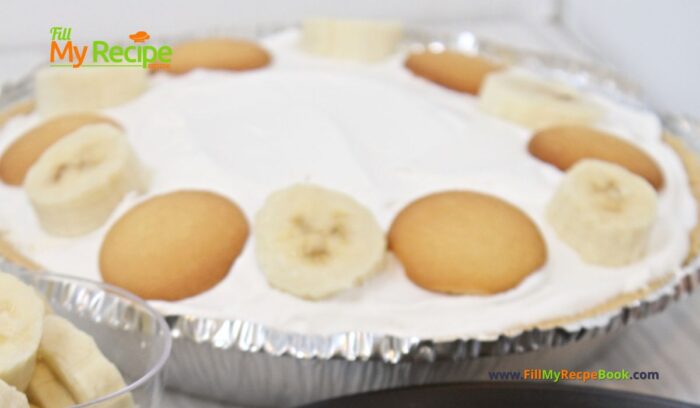 Easy Banana Cream Pie Recipe idea. A simple no bake biscuit base pudding pie dessert to make anytime for the summer or spring for the family.