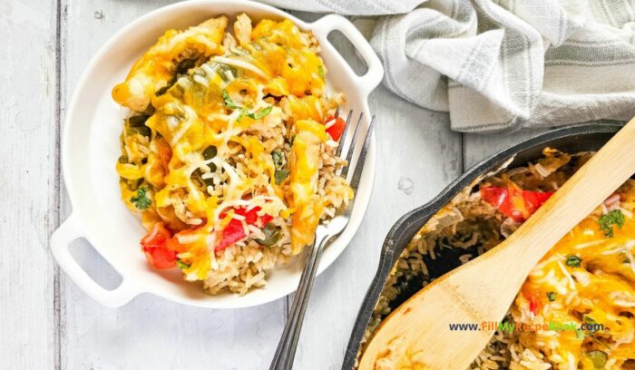 Easy Chicken Fajita Casserole Recipe in an iron skillet pan. The best go to dinner or lunch idea to cook on stove top then bake in the oven.